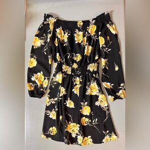 Dynamite Black Long-Sleeve Dress with Yellow Rose Print